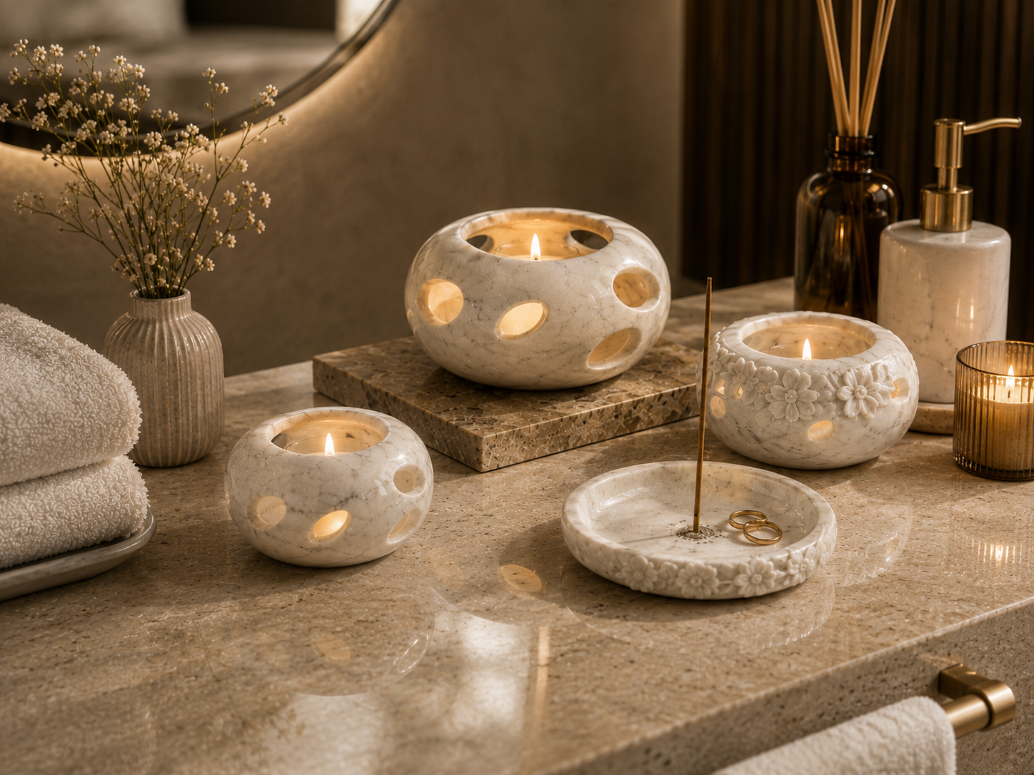 Hotel spa stone ritual set with candle vessels, incense dish and wellness accessories