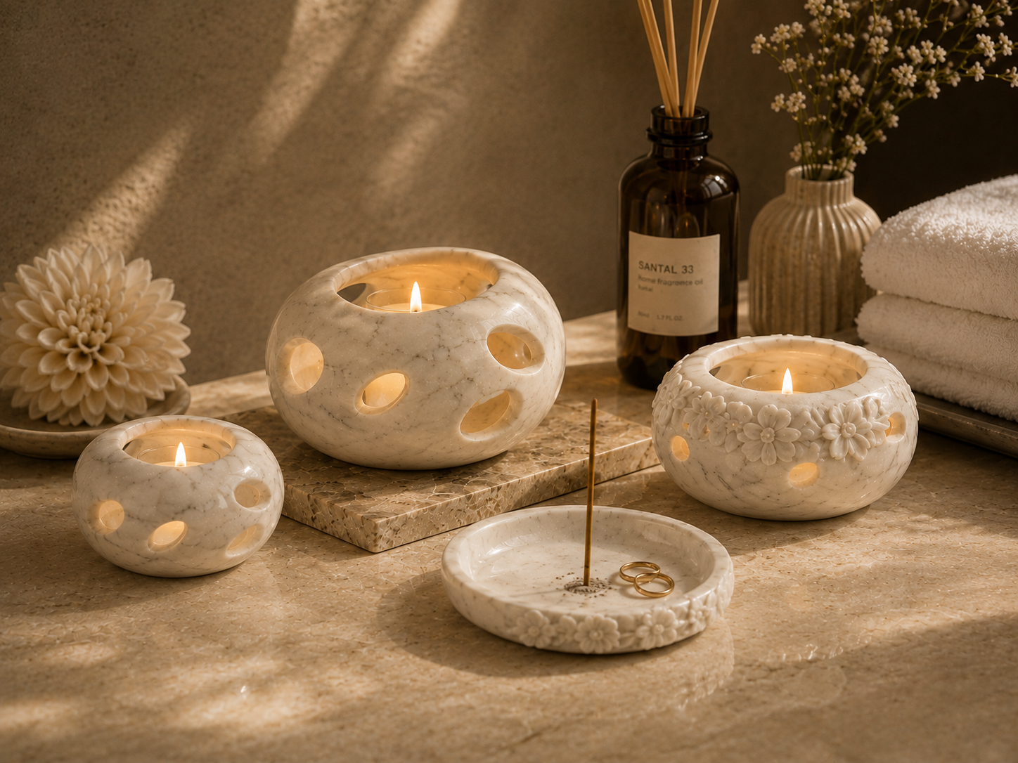 LITHORA Snow White Signature Series stone candle vessels and incense dish