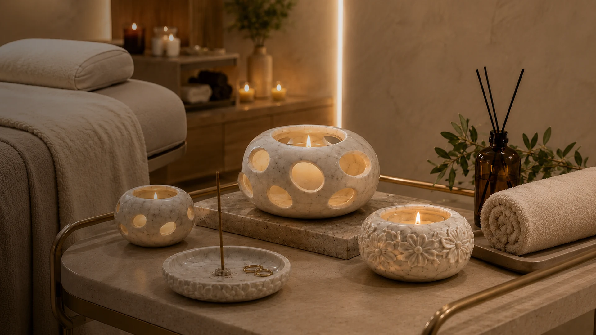 LITHORA Snow White natural stone vessels, tray and display objects for hospitality and wellness projects