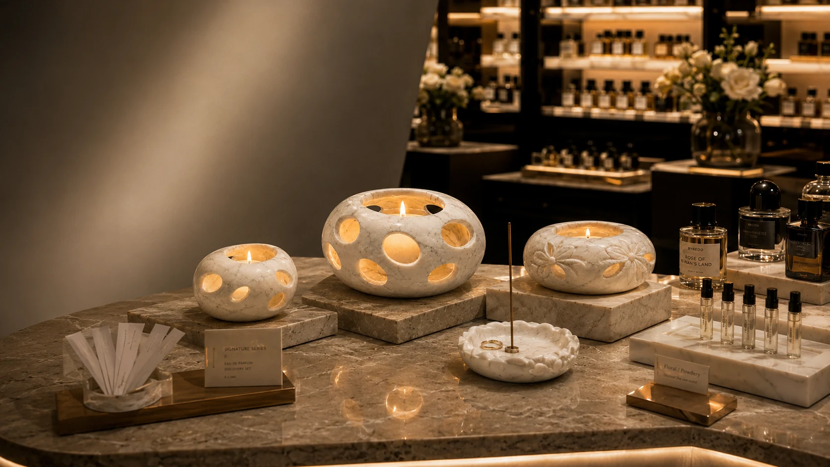 Stone display props for fragrance counters and launch settings.