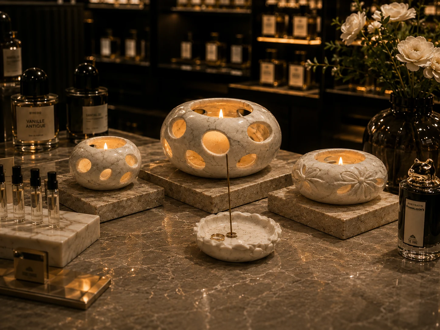 Fragrance counter arrangement with stone vessels and controlled display hierarchy.