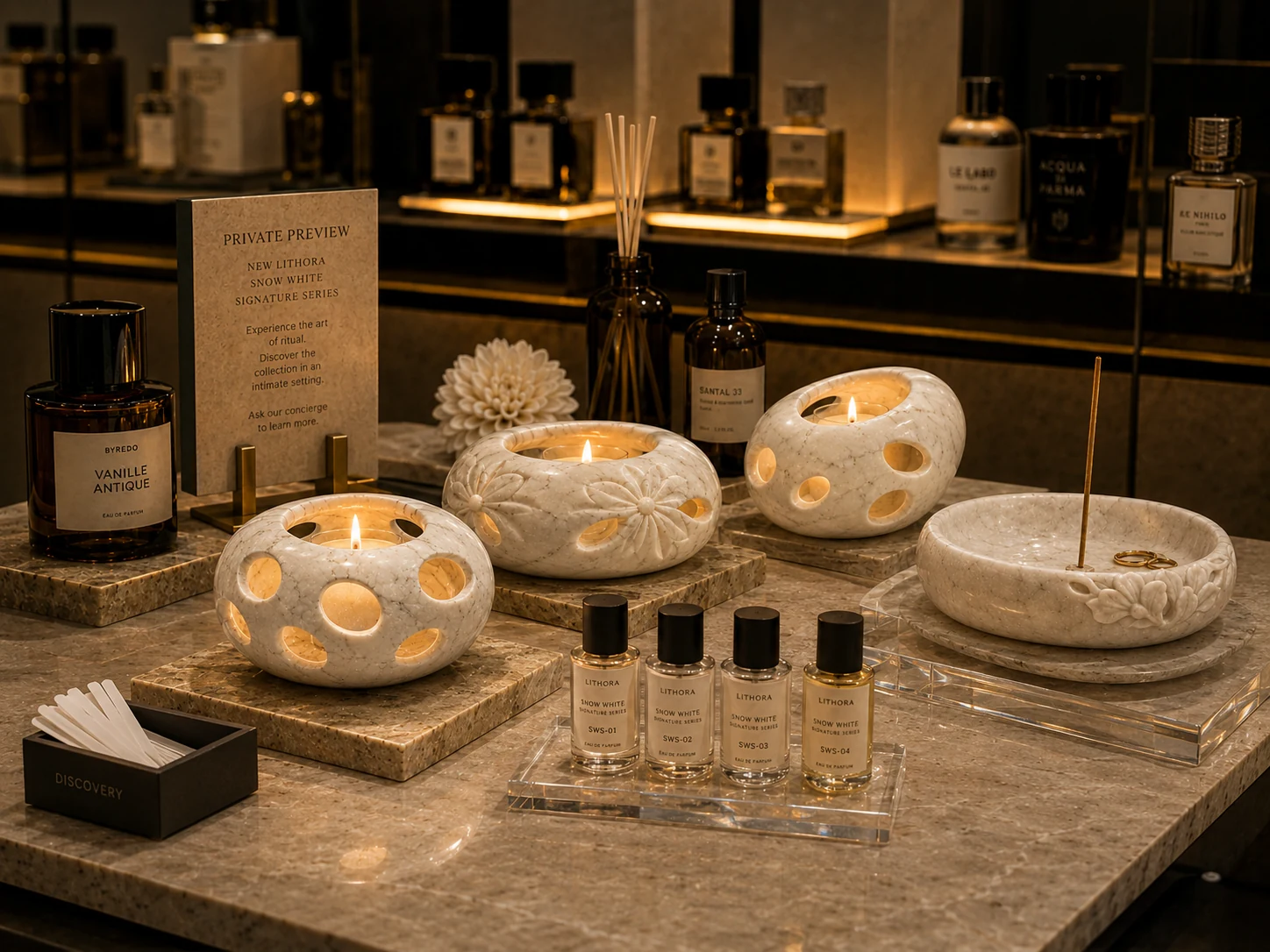 Scent launch composition using stone objects as quiet, architectural props.