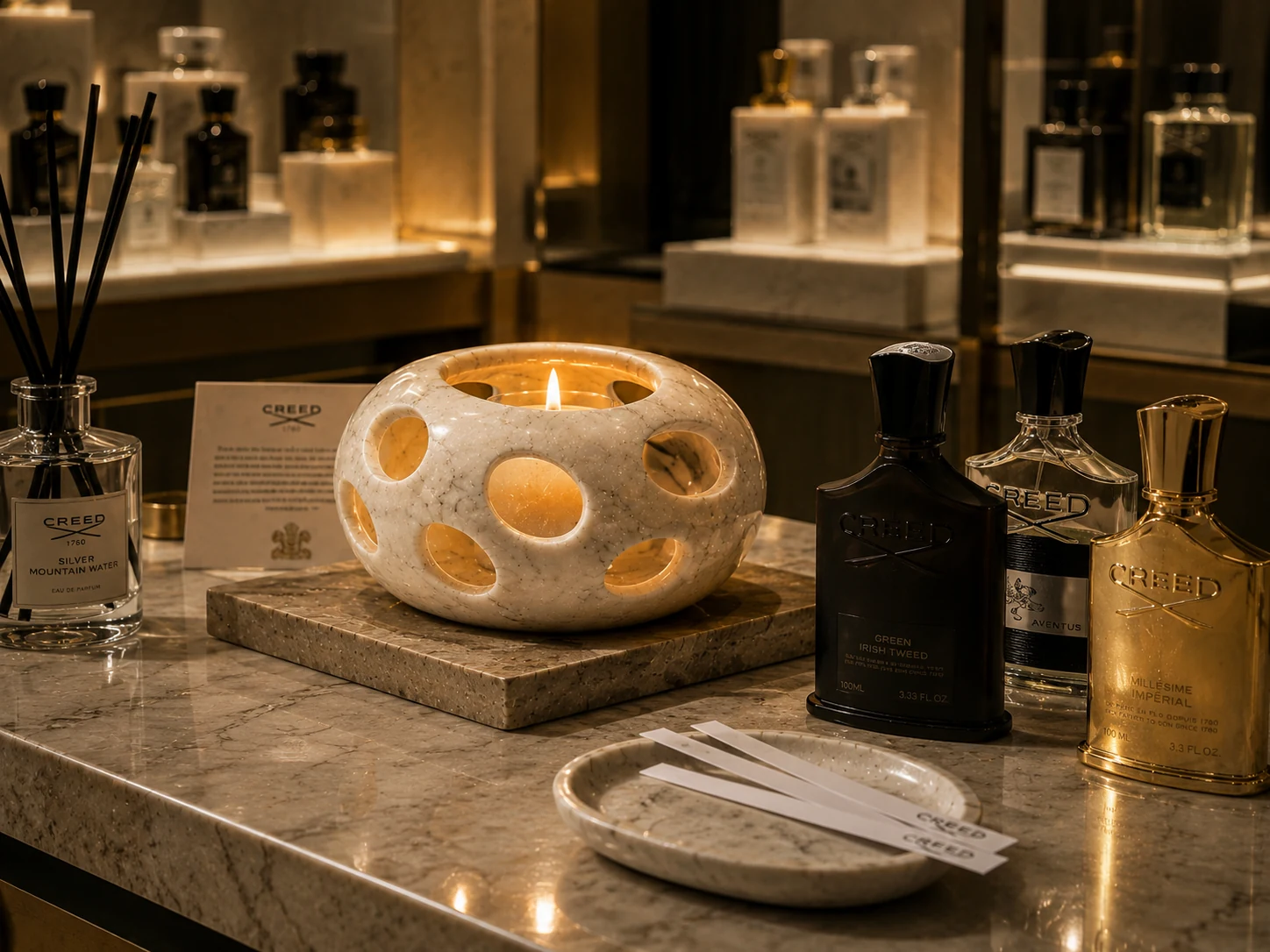 Close-up material direction for premium fragrance retail surfaces.