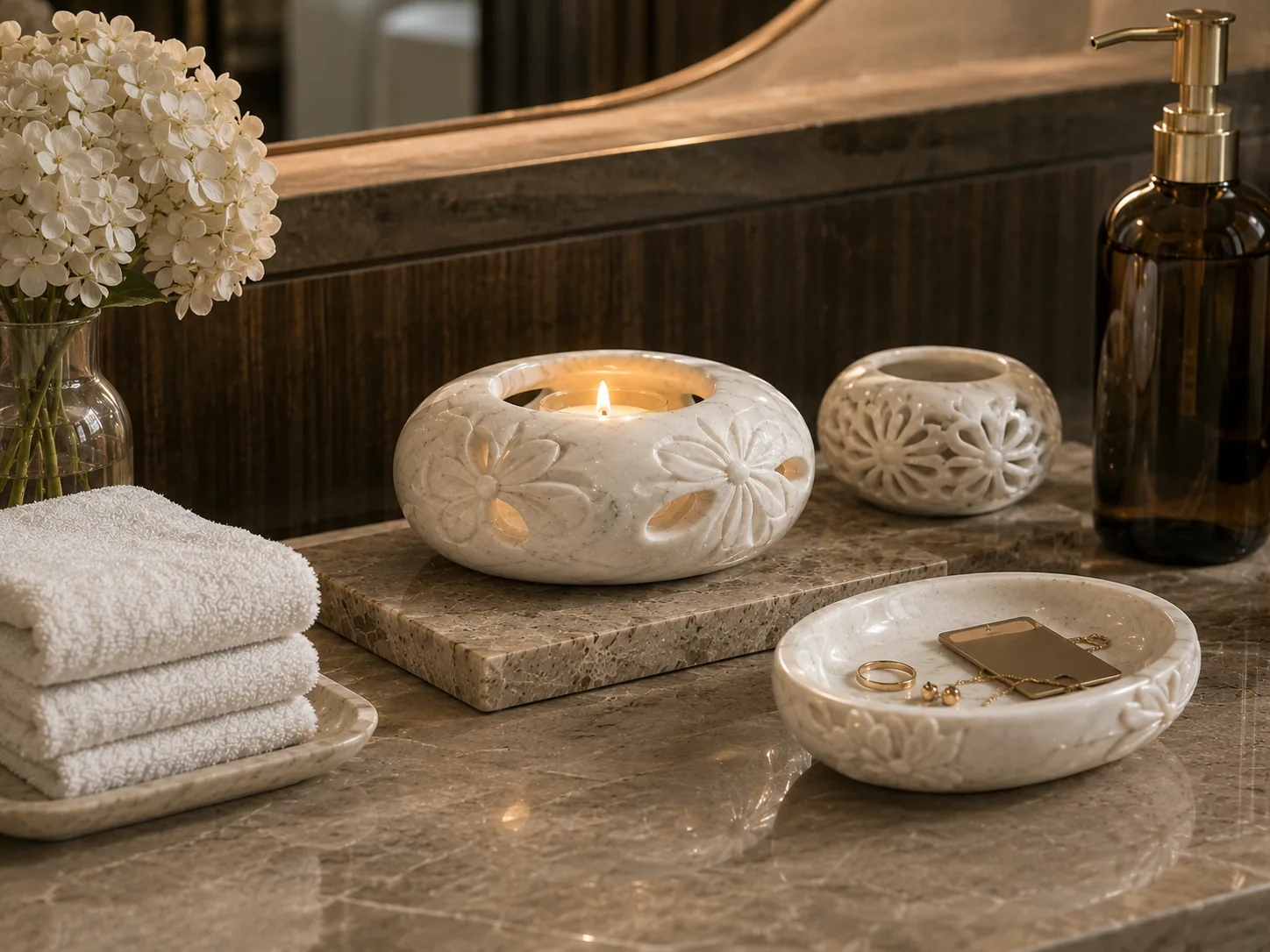 LITHORA natural stone objects arranged for a refined hotel guest bathroom ritual with LED candle and catchall tray.