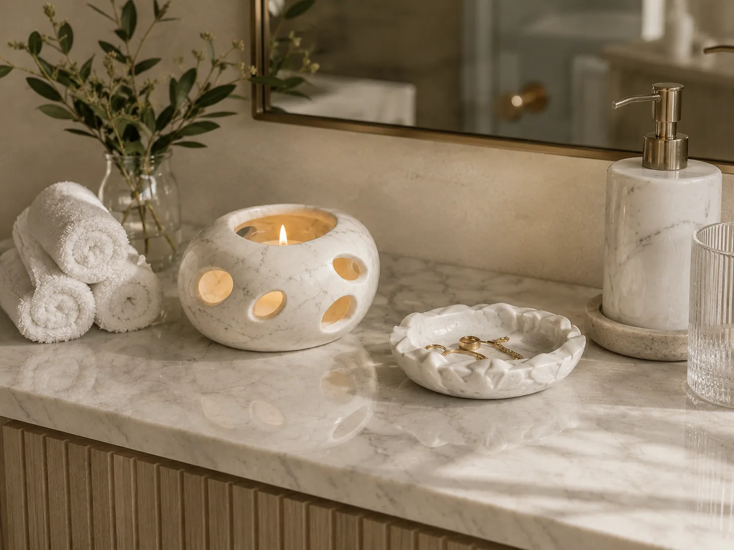Bathroom vanity composition with SWS-02 as a quiet LED candle object and SWS-04 as a guest accessory tray.
