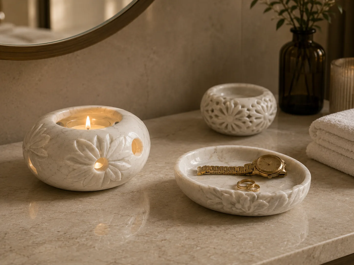 SWS-01 and SWS-04 arranged as compact guest-room objects for countertop rituals and personal items.