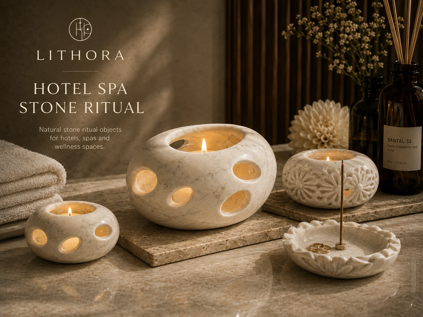 Stone ritual objects for hotel spas and wellness spaces.
