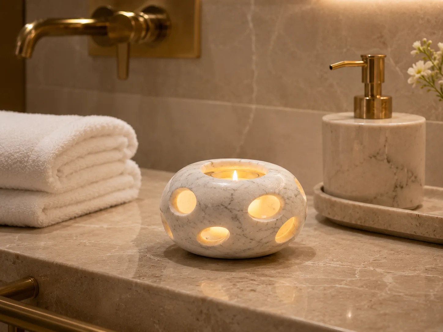 Treatment room composition with soft candlelight and stone ritual objects.