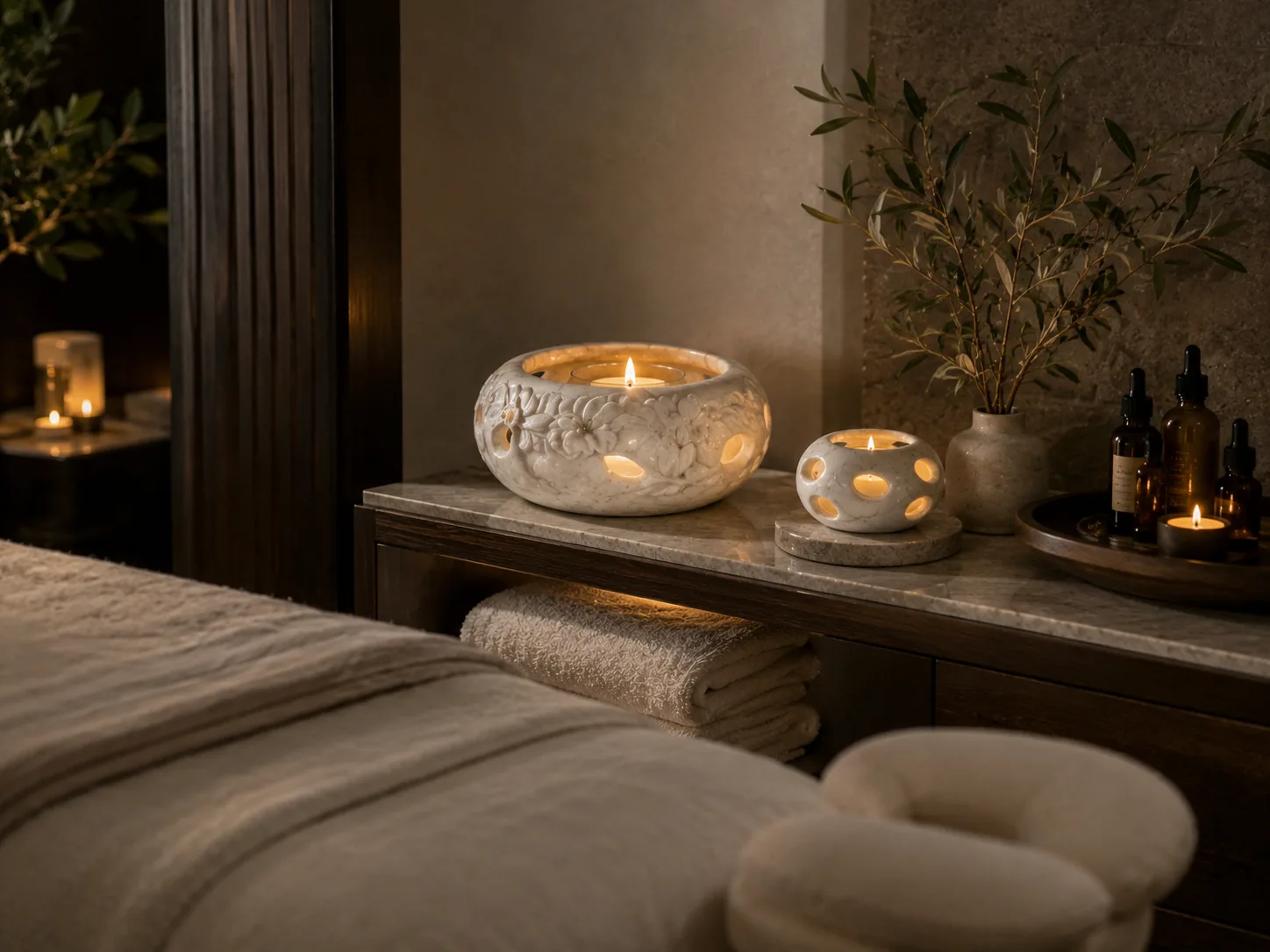 Spa counter arrangement with linens, scent and warm stone light.