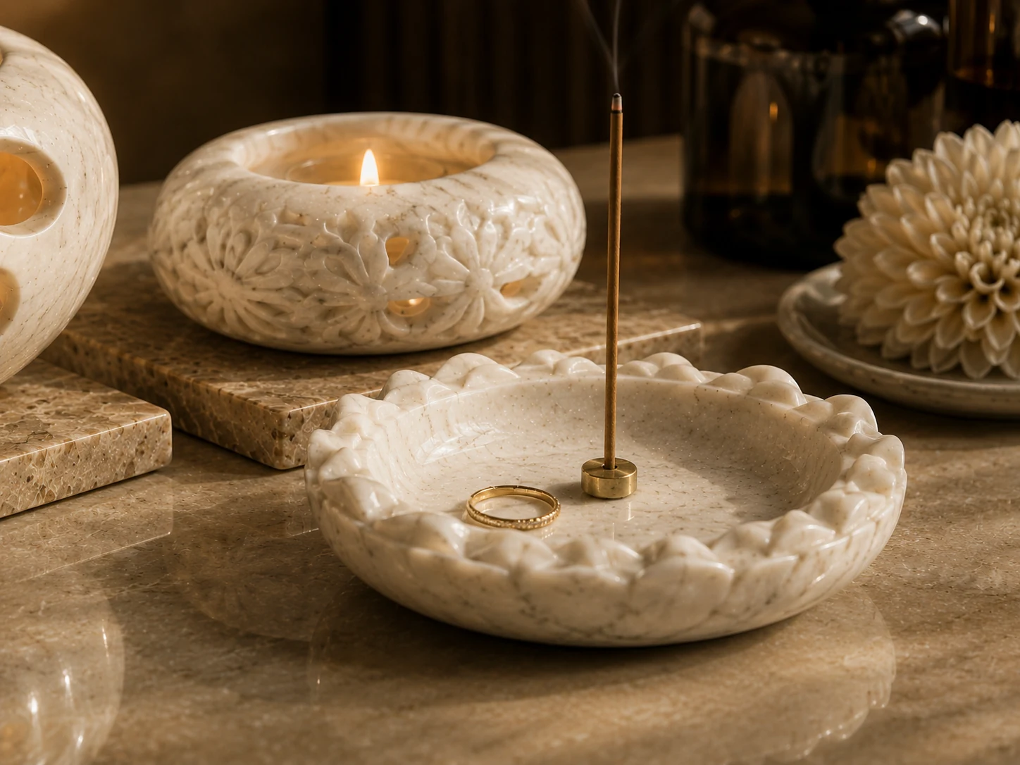 Coordinated stone objects for a calm spa and wellness counter.