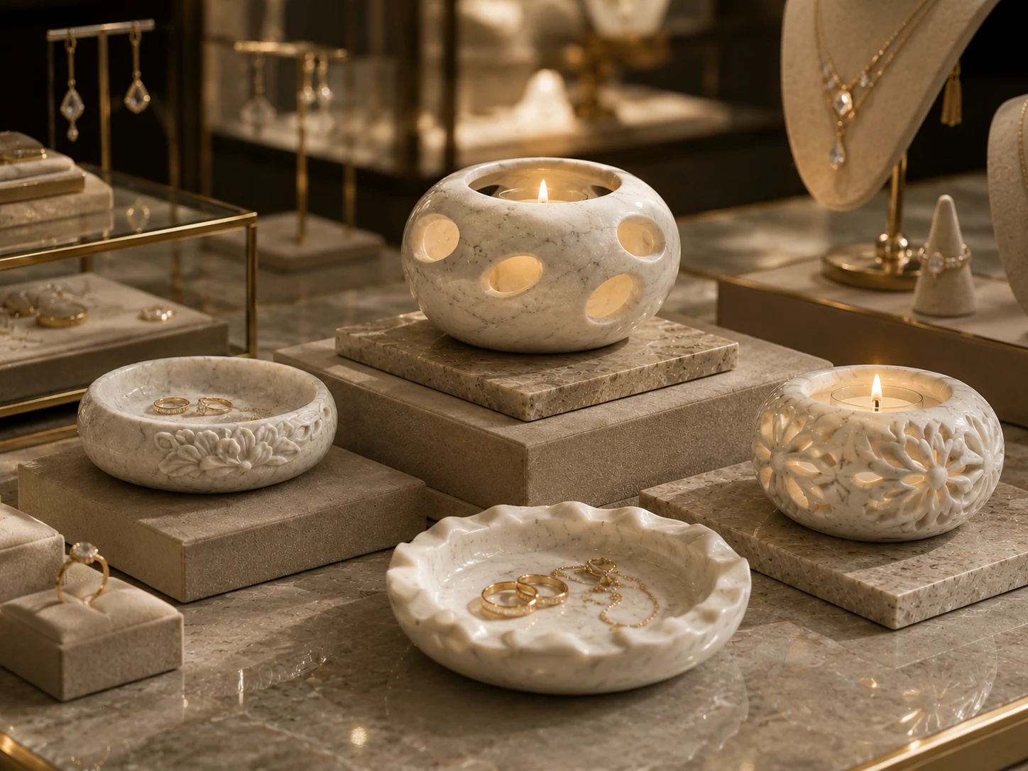 Natural stone trays and candle vessels arranged for a jewelry boutique presentation.