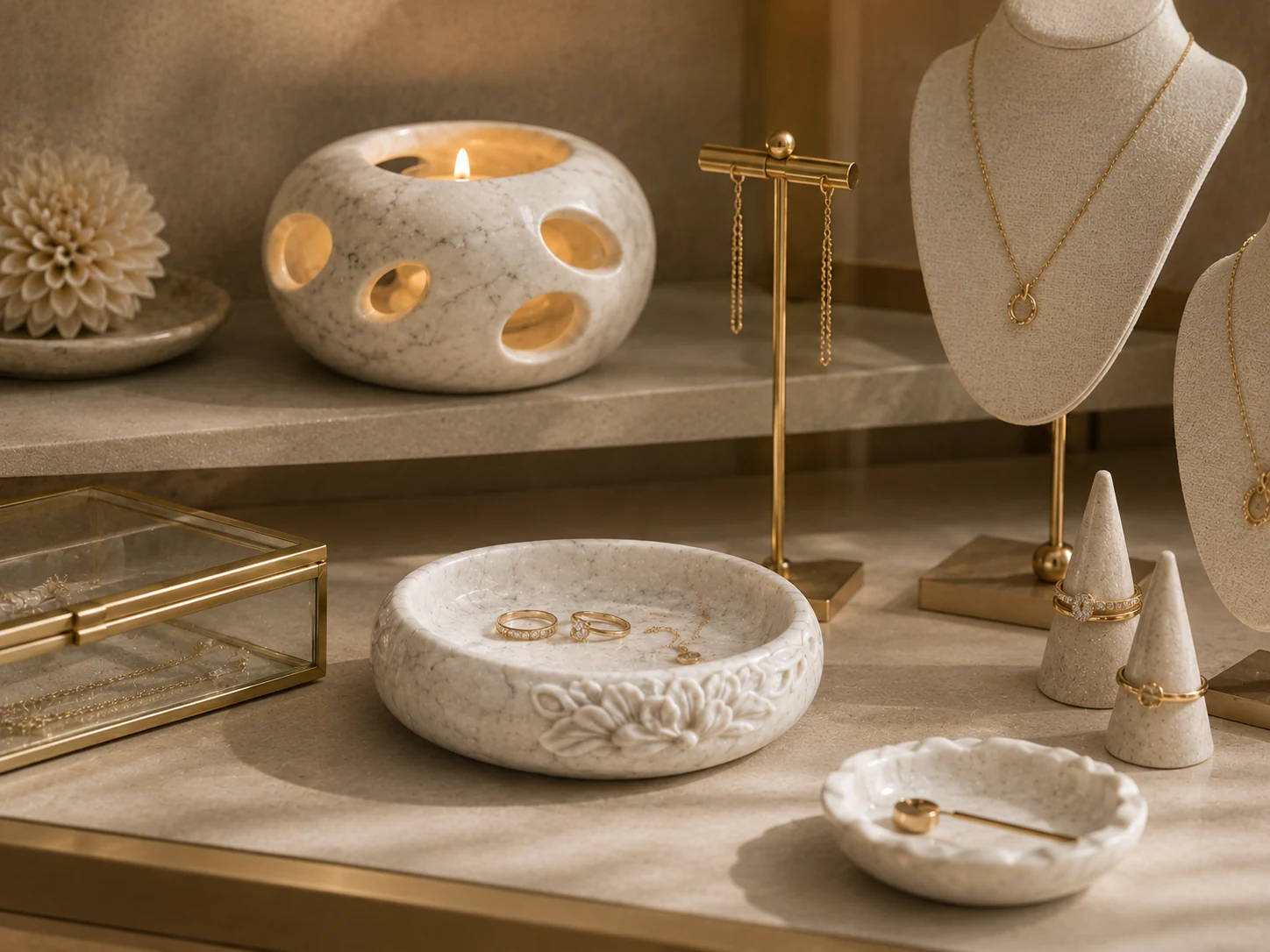 Counter composition combining tray surfaces with soft stone vessel forms.