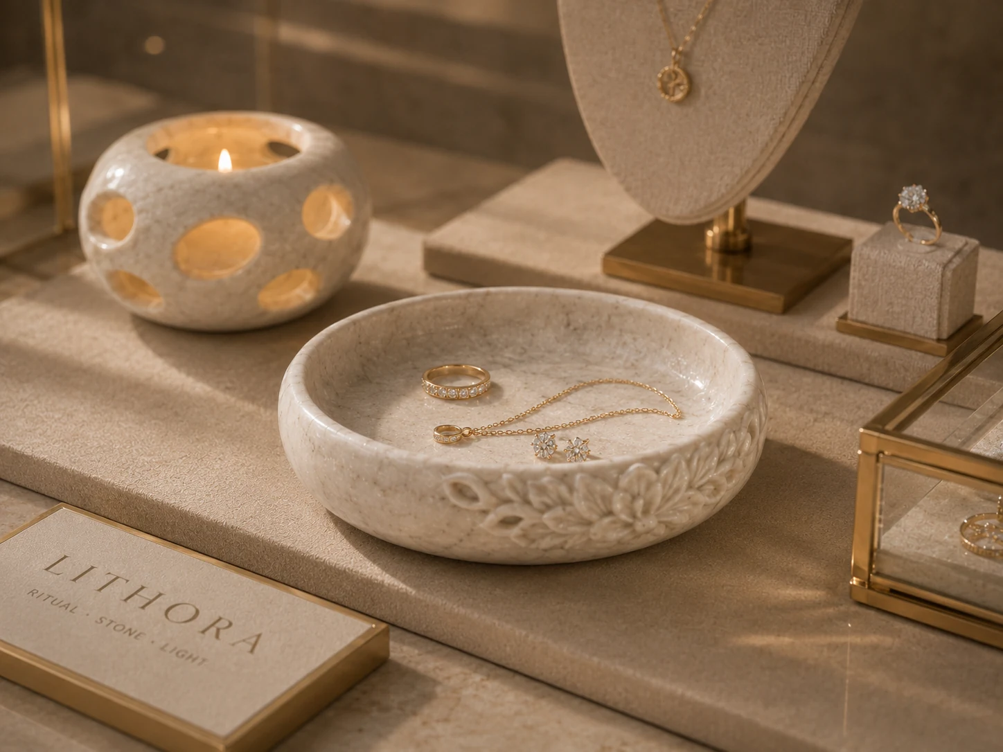 A refined boutique table with measured spacing and warm retail light.