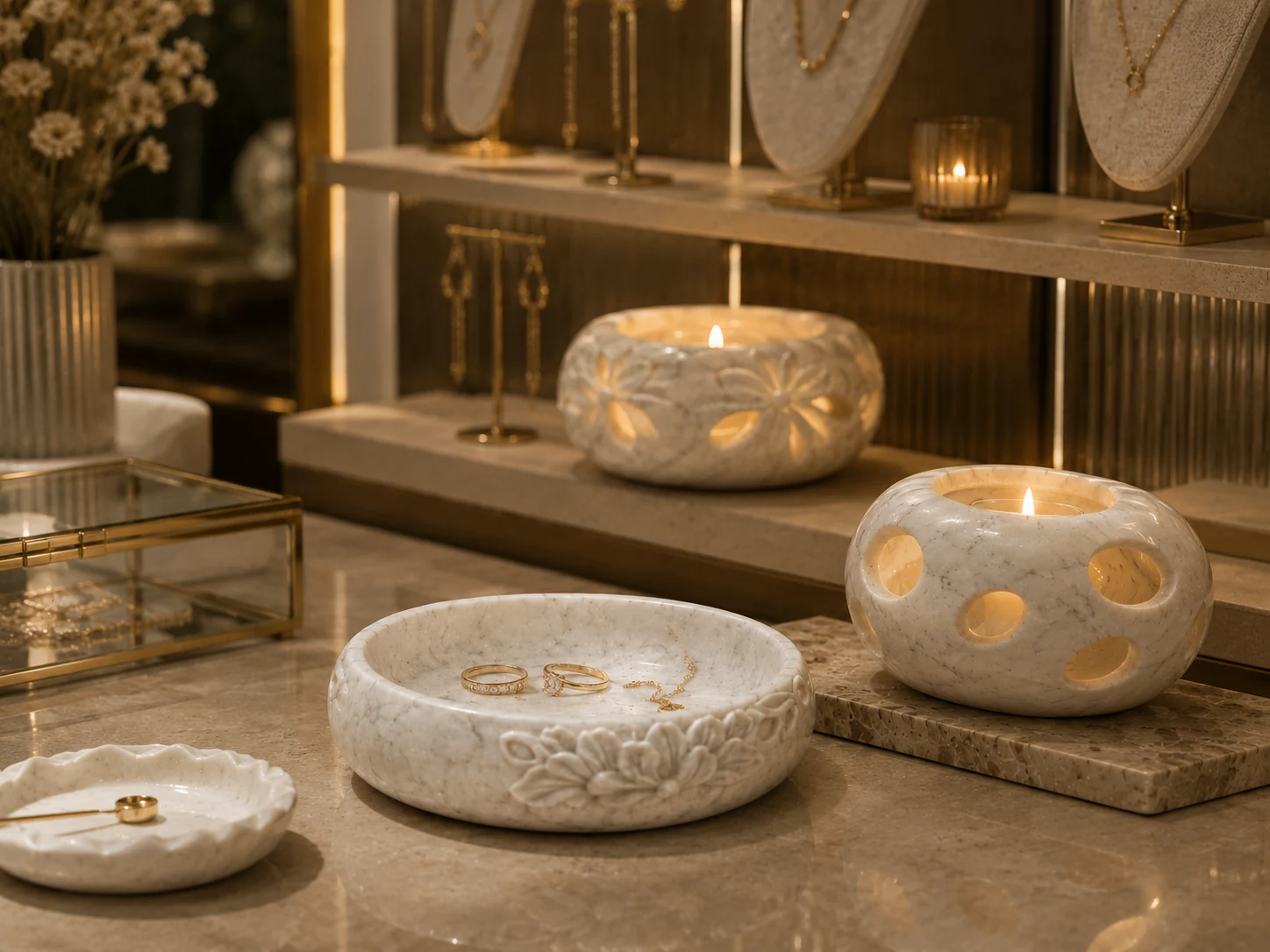 Jewelry boutique display using stone vessels, tray surfaces and supporting retail stands.